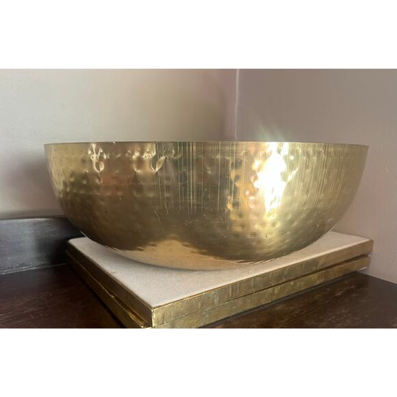 (3) Creative Co-Op Round Hammered Metal Bowl, Gold Finish, 14" - Picture 2 of 8